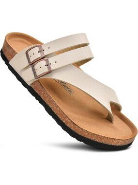 🆕 Women's White Split Toe Asymmetric Double Strap Buckle Cork Footbed Sandals